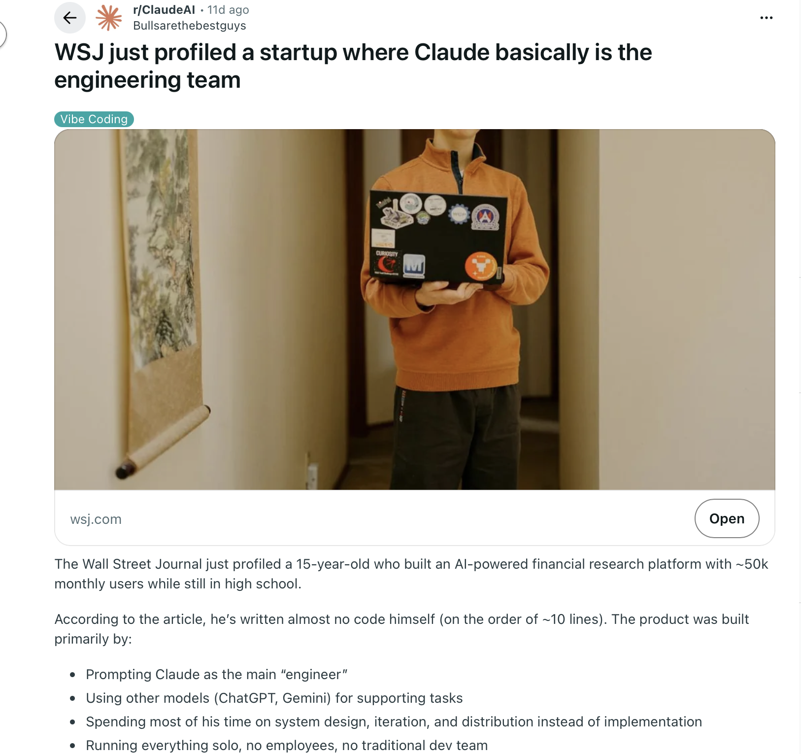 WSJ article about 15-year-old founder